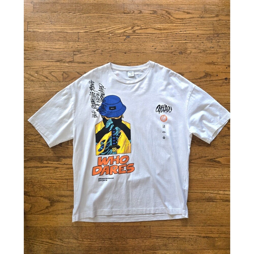 Bershka Who Dares Mens Graphic Print Two Sided T-Shirt Size Medium